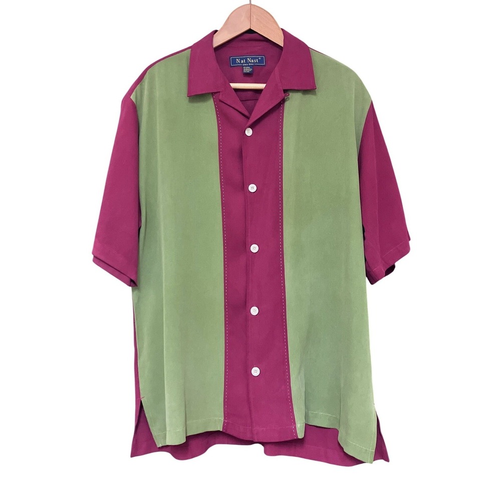 Nat Nast Mens Silk Camp Shirt Large Burgundy Green Color Block Pick Stitch Retro
